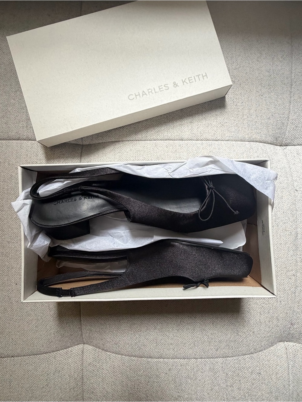 NWT Charles & Keith Black Satin Slingback Ballet Flat Heels